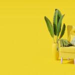 Kreatives Innendesign mit gelber Wandfarbe, gelbem Sessel und gelber Vase.