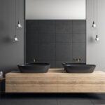 Zeitgenössisches Badezimmer aus Beton mit Spiegel und Waschbecken, Design Konzept.