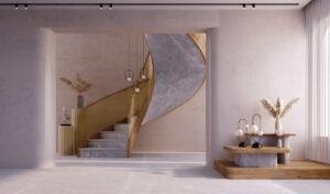 3D-Illustration einer gewedelten Holztreppe, die Ecke der Treppe im modernen Stil ist mit Spiegeln, Teegold, grauem Marmor und Naturholz dekoriert.