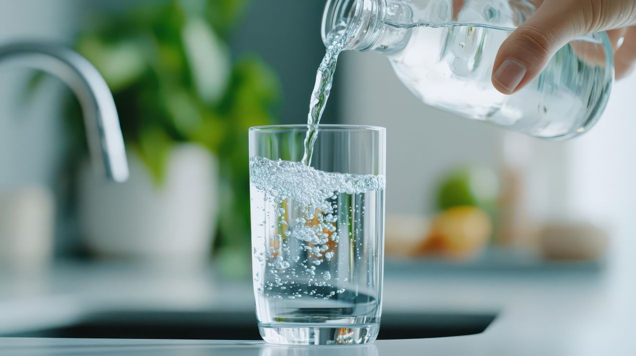 Frisches Wasser aus Karaffe in ein Glas gegossen in Küche mit Wasser Entkalkungsanlage im Hintergrund