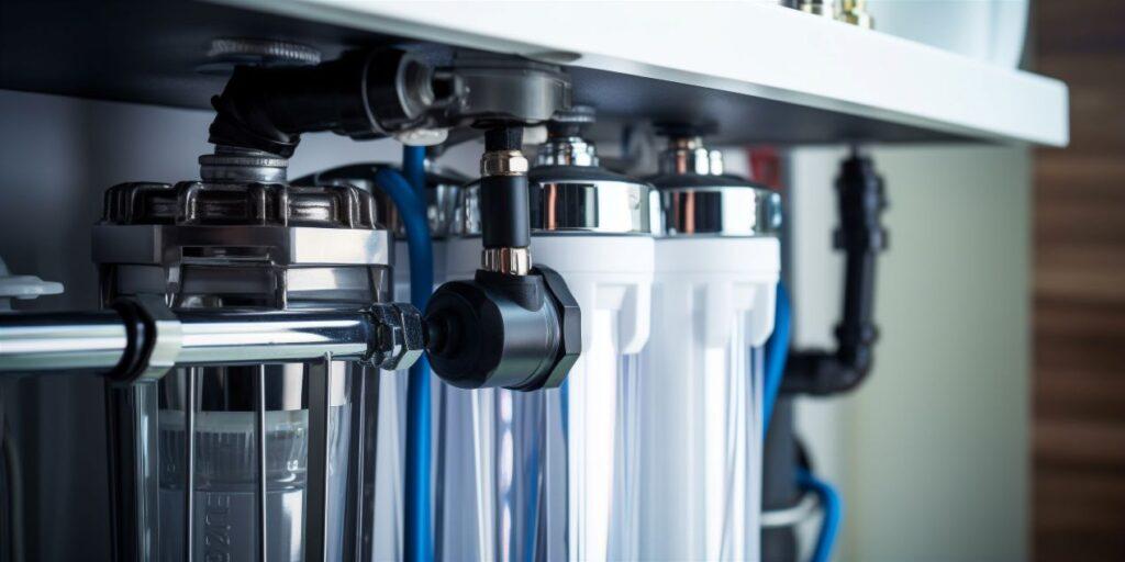Moderne Wasser Entkalkungsanlage unter der Spüle mit Anschlüssen und Filtereinheiten für kalkfreies Trinkwasser