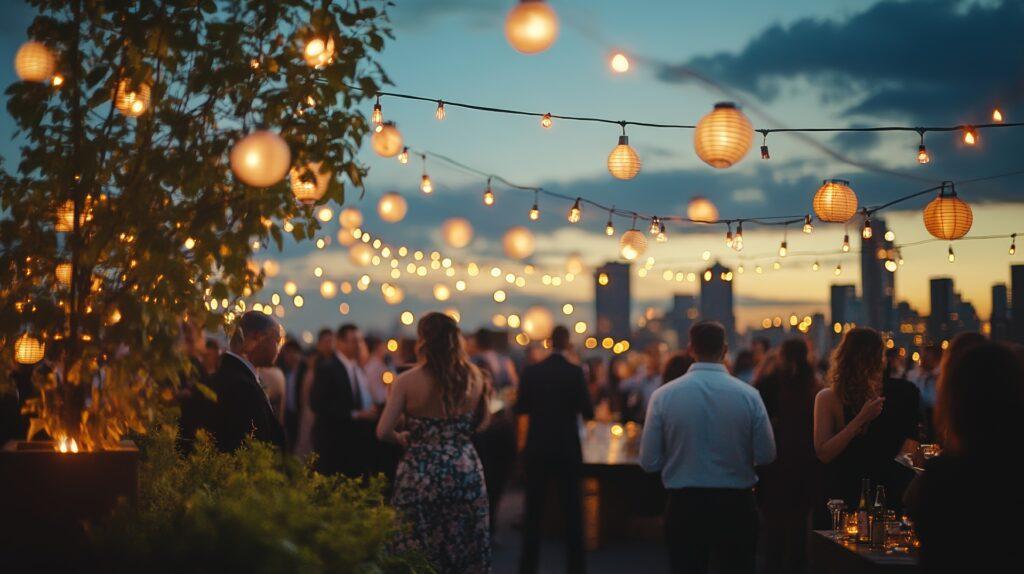Business-Event bei Sonnenuntergang mit Stehtischhussen
