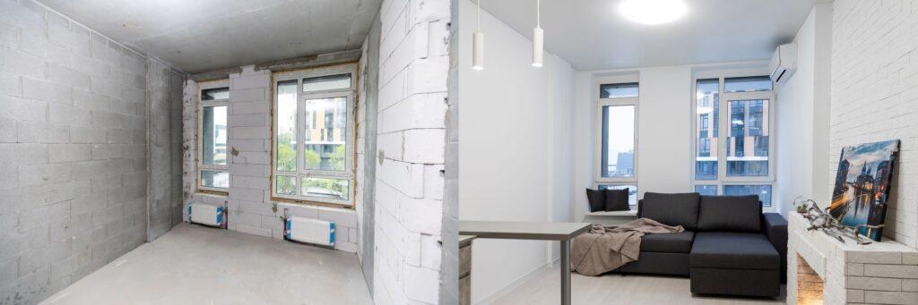 Vorher-Nachher-Vergleich einer renovierten Wohnung mit Fußbodenheizung