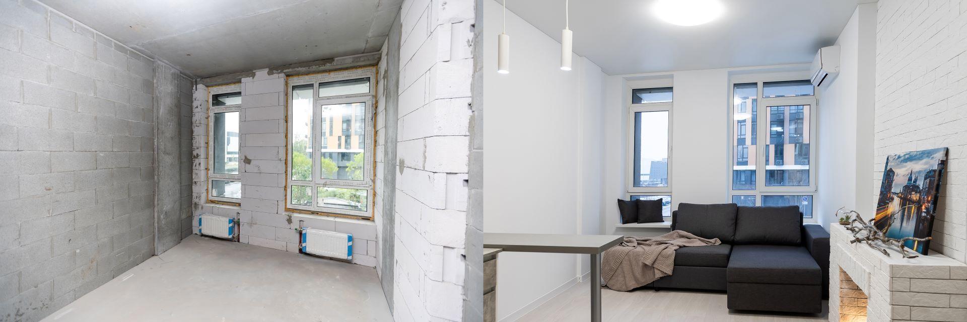 Vorher-Nachher-Vergleich einer renovierten Wohnung mit Fußbodenheizung