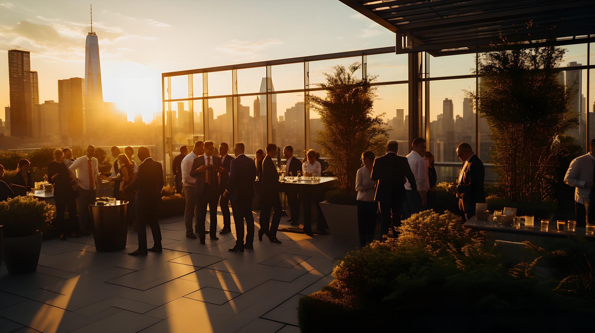 Rooftop-Event mit Gästen und Stehtischhussen