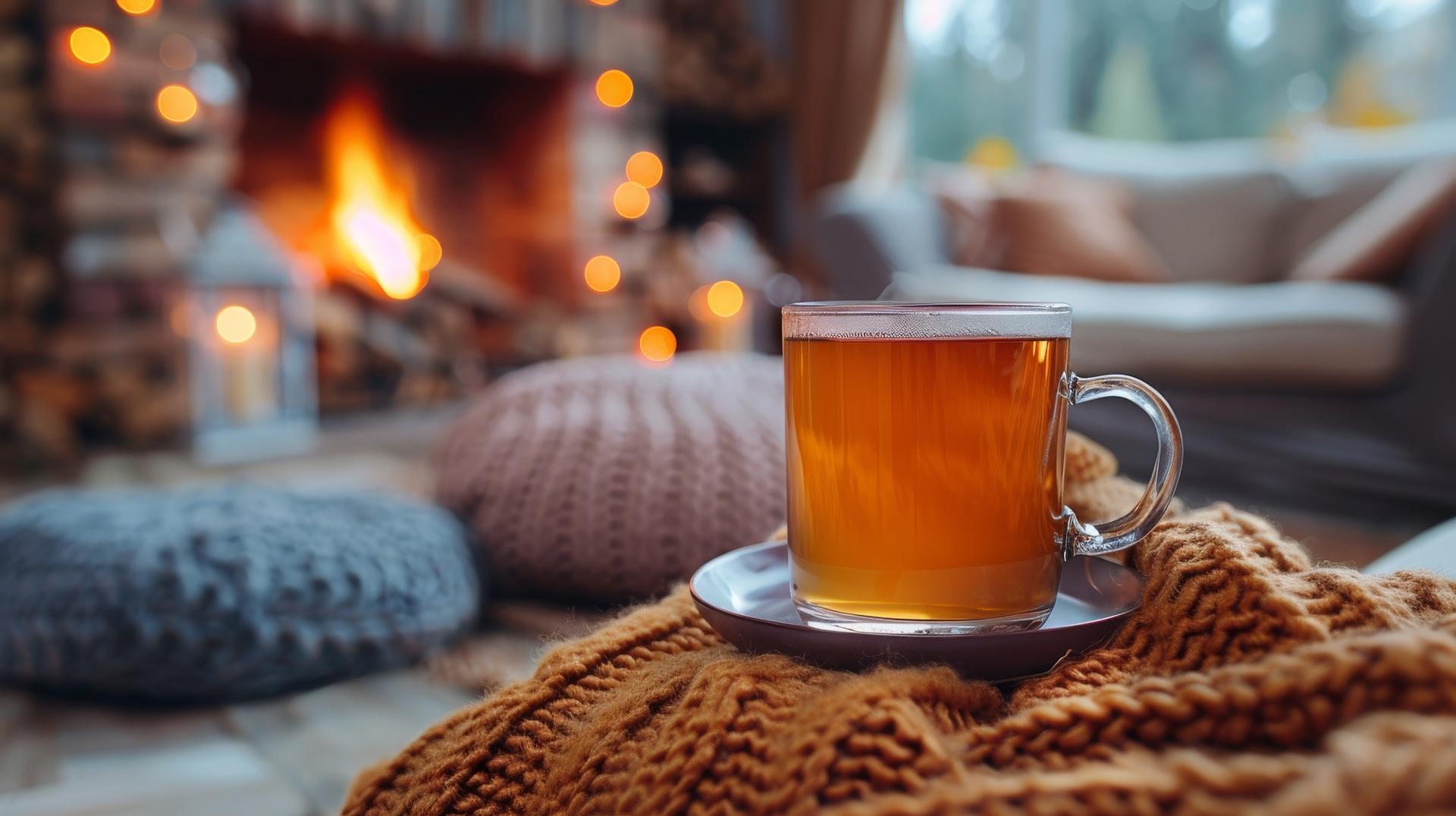 Tasse Tee vor Kamin in gemütlichem Wohnzimmer | Hot Tubs